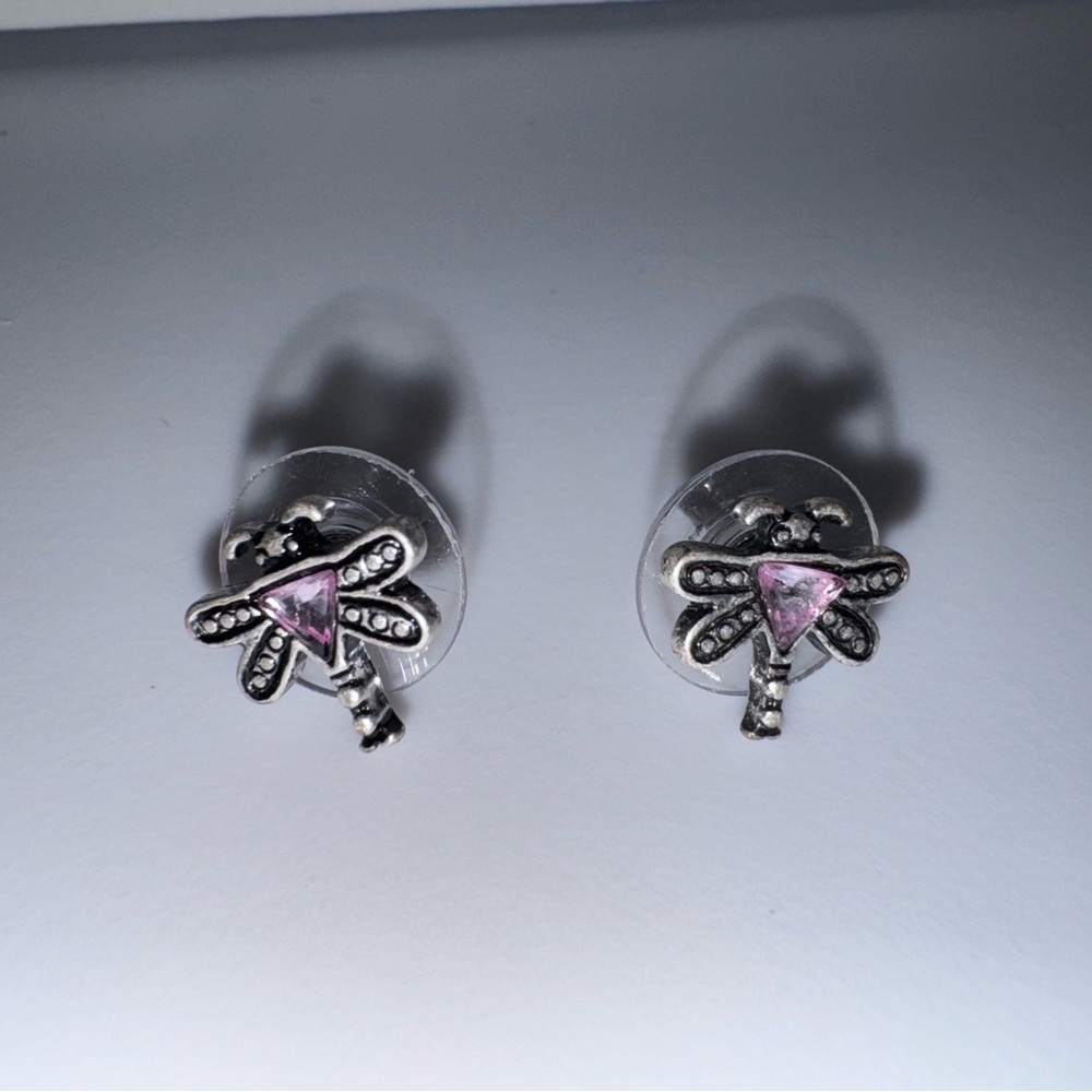 Silver Dragonfly Earrings with Pink Gem